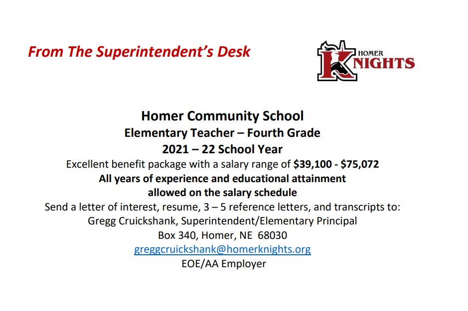 Homer Community Schools Teaching Positions Available
